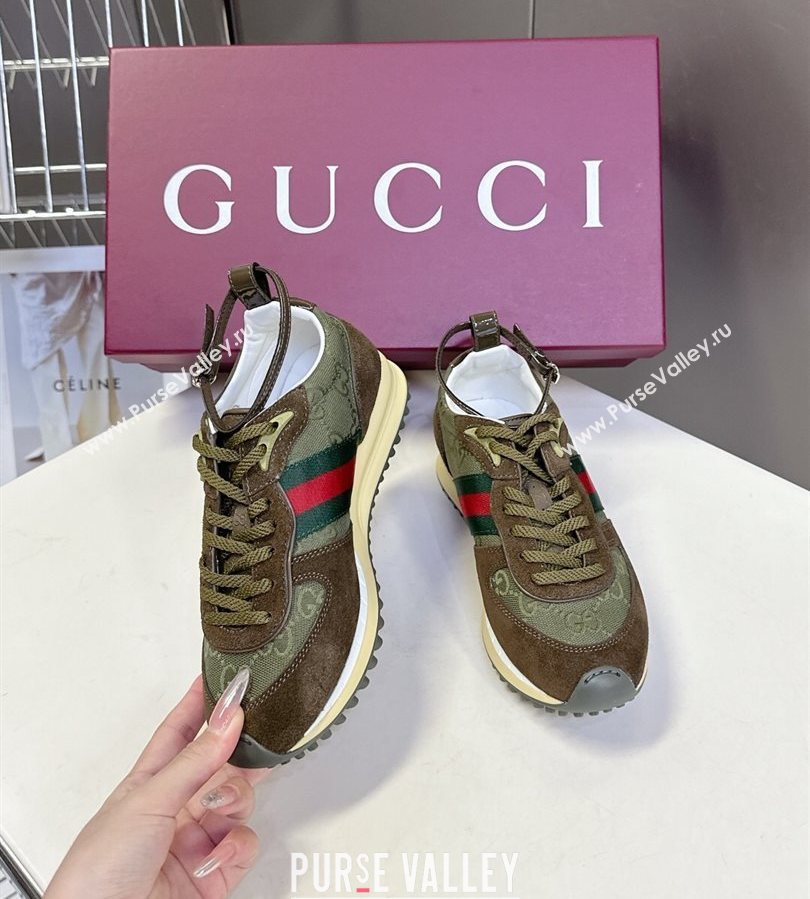 Gucci Womens Re-Motion Sneakers with Ankle Strap in GG Canvas and Suede Dark Green 2025 832918 (HQG-250712009)