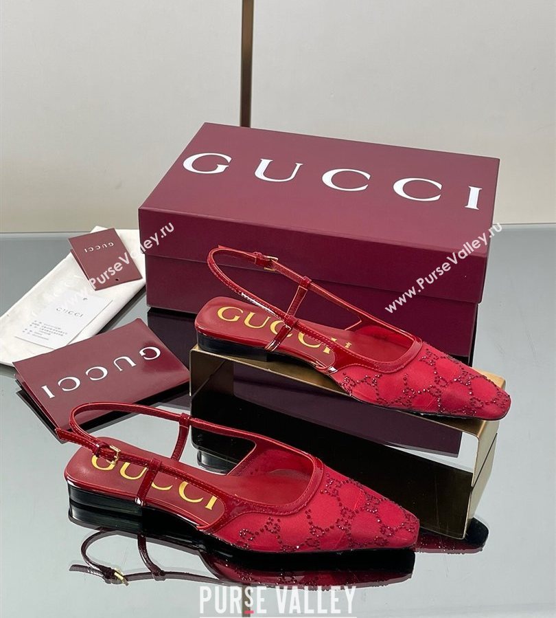 Gucci GG Mesh and Patent Leather Slingback Flats Red 2025 840728 (MD-250712028)