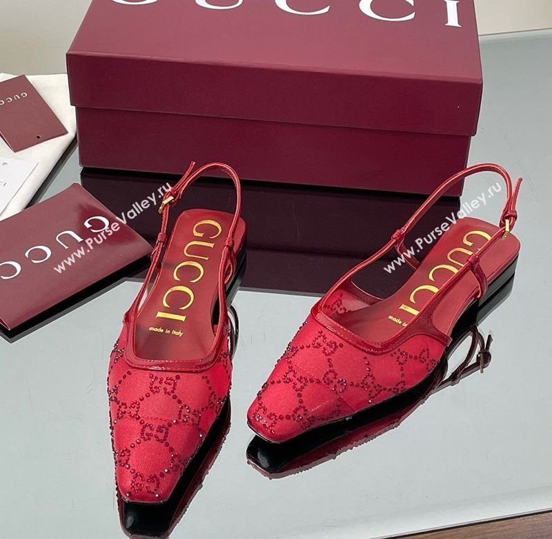Gucci GG Mesh and Patent Leather Slingback Flats Red 2025 840728 (MD-250712028)