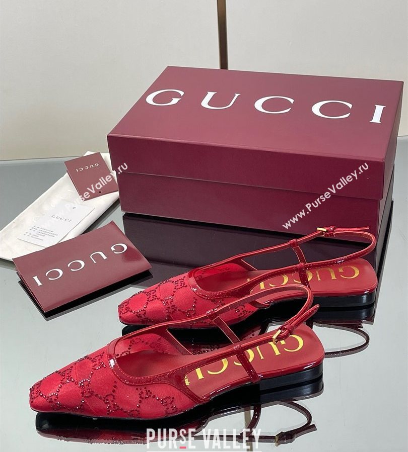 Gucci GG Mesh and Patent Leather Slingback Flats Red 2025 840728 (MD-250712028)