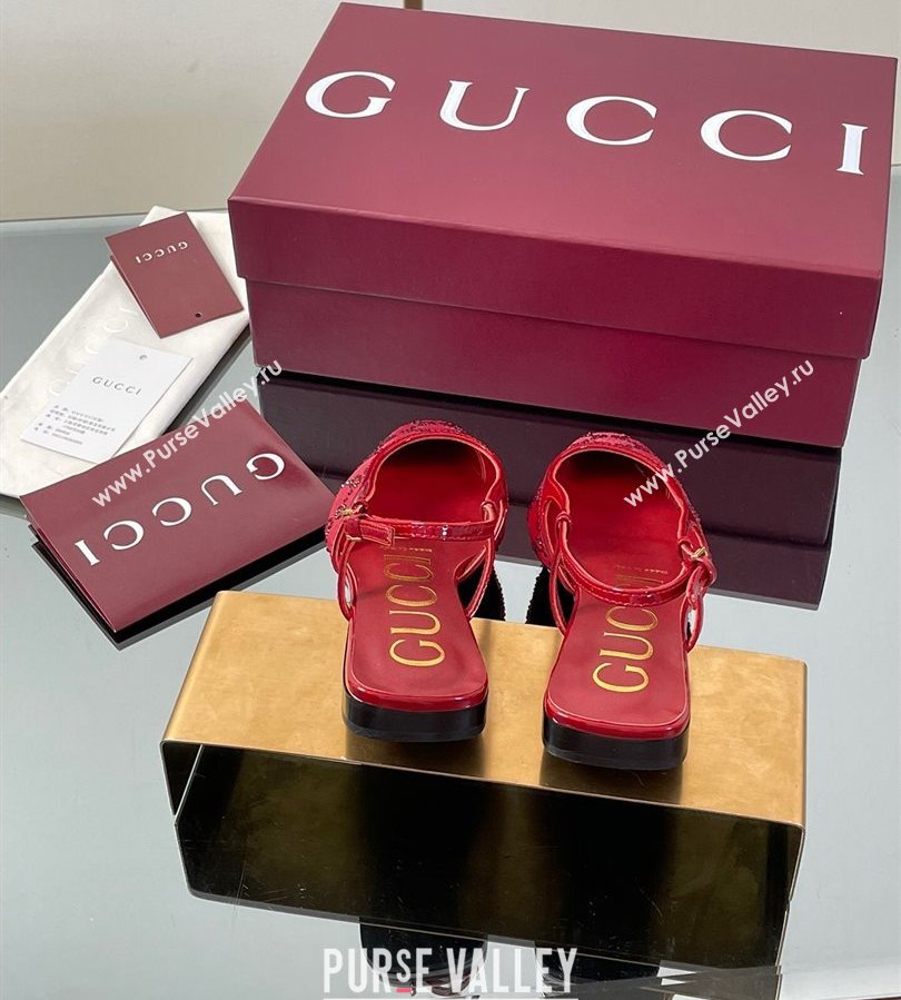 Gucci GG Mesh and Patent Leather Slingback Flats Red 2025 840728 (MD-250712028)