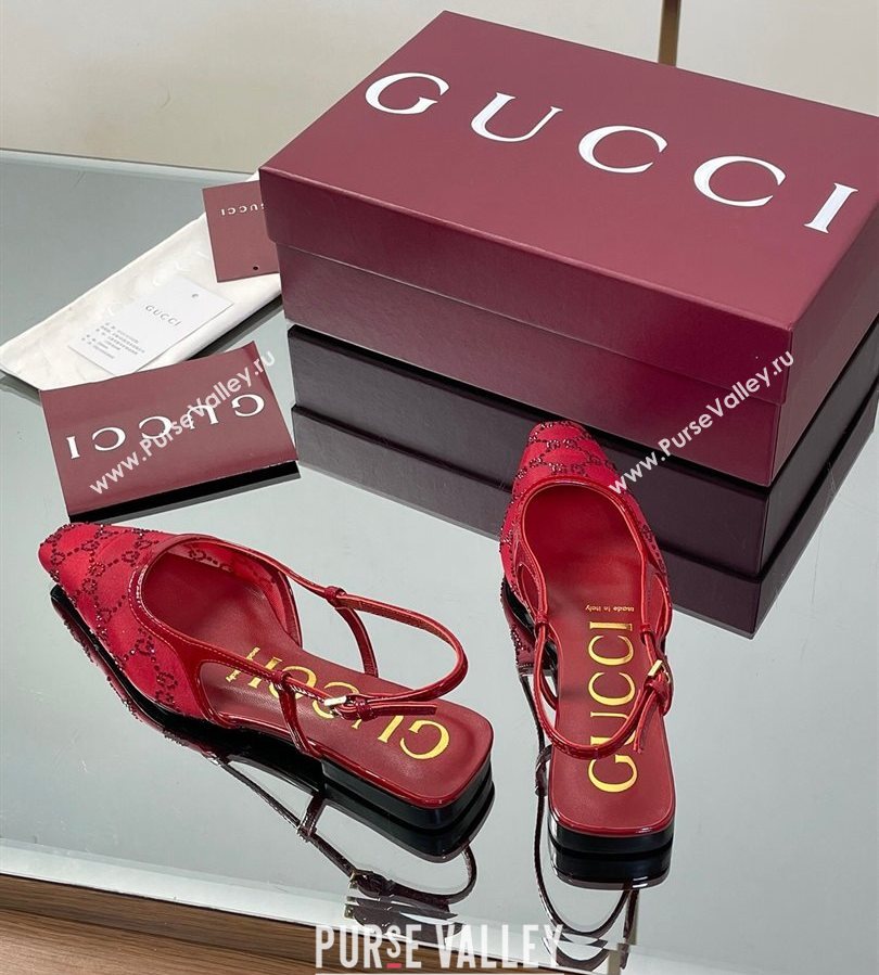 Gucci GG Mesh and Patent Leather Slingback Flats Red 2025 840728 (MD-250712028)