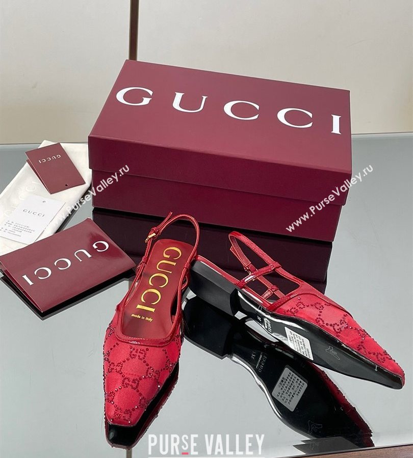 Gucci GG Mesh and Patent Leather Slingback Flats Red 2025 840728 (MD-250712028)