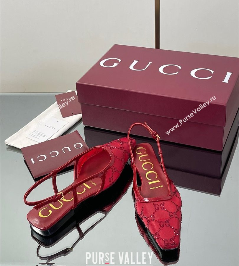 Gucci GG Mesh and Patent Leather Slingback Flats Red 2025 840728 (MD-250712028)