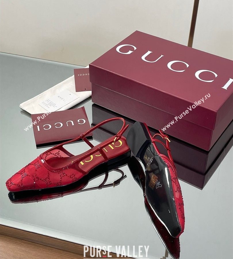 Gucci GG Mesh and Patent Leather Slingback Flats Red 2025 840728 (MD-250712028)
