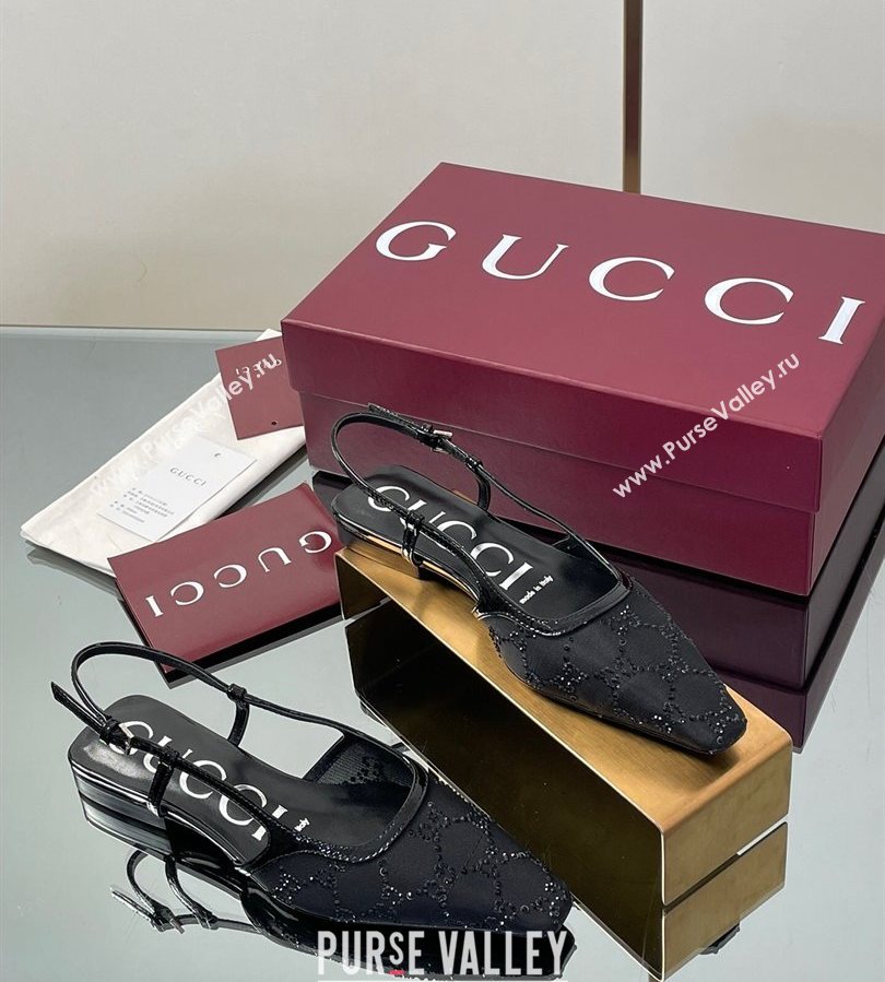 Gucci GG Mesh and Patent Leather Slingback Flats Black 2025 840728 (MD-250712029)