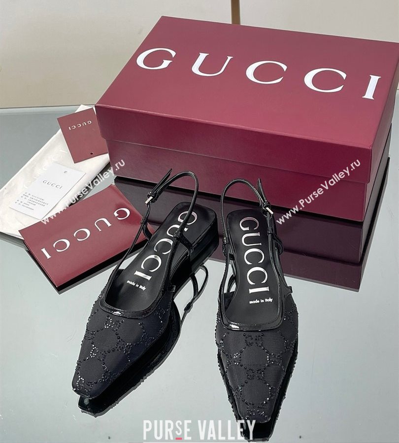 Gucci GG Mesh and Patent Leather Slingback Flats Black 2025 840728 (MD-250712029)