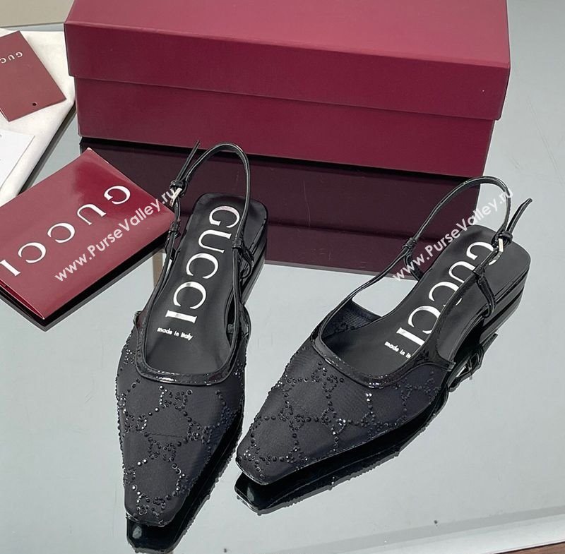 Gucci GG Mesh and Patent Leather Slingback Flats Black 2025 840728 (MD-250712029)