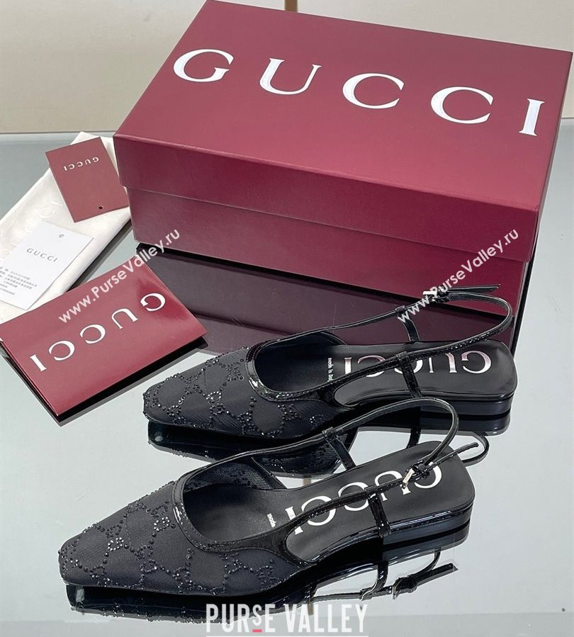 Gucci GG Mesh and Patent Leather Slingback Flats Black 2025 840728 (MD-250712029)