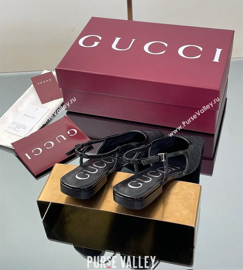 Gucci GG Mesh and Patent Leather Slingback Flats Black 2025 840728 (MD-250712029)