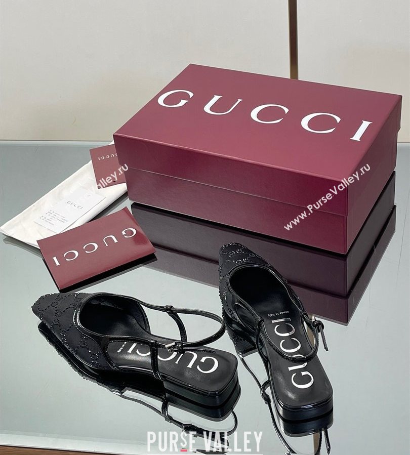 Gucci GG Mesh and Patent Leather Slingback Flats Black 2025 840728 (MD-250712029)