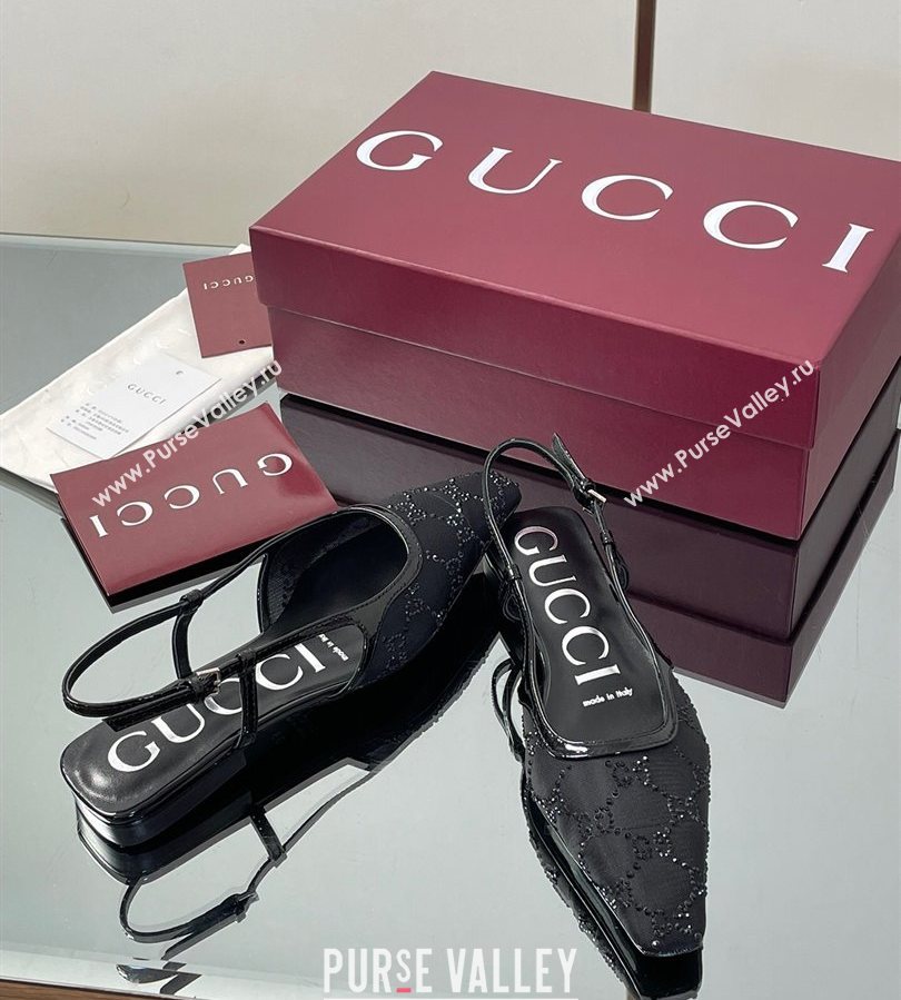 Gucci GG Mesh and Patent Leather Slingback Flats Black 2025 840728 (MD-250712029)