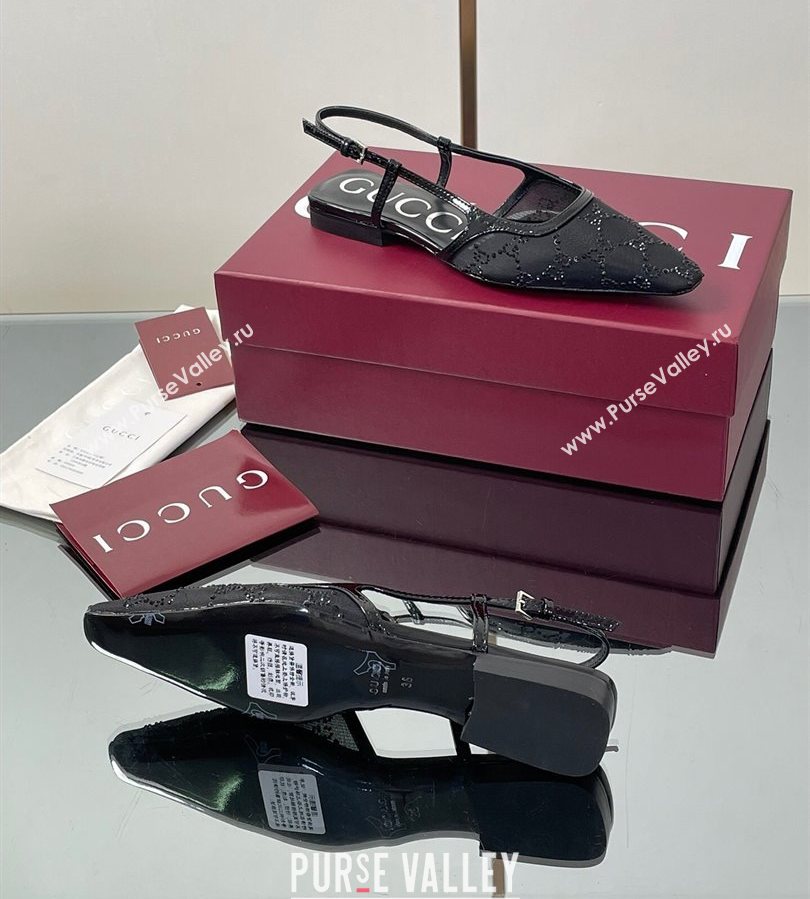 Gucci GG Mesh and Patent Leather Slingback Flats Black 2025 840728 (MD-250712029)