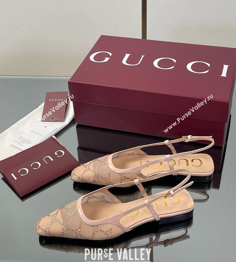 Gucci GG Mesh and Patent Leather Slingback Flats Nude 2025 840728 (MD-250712030)