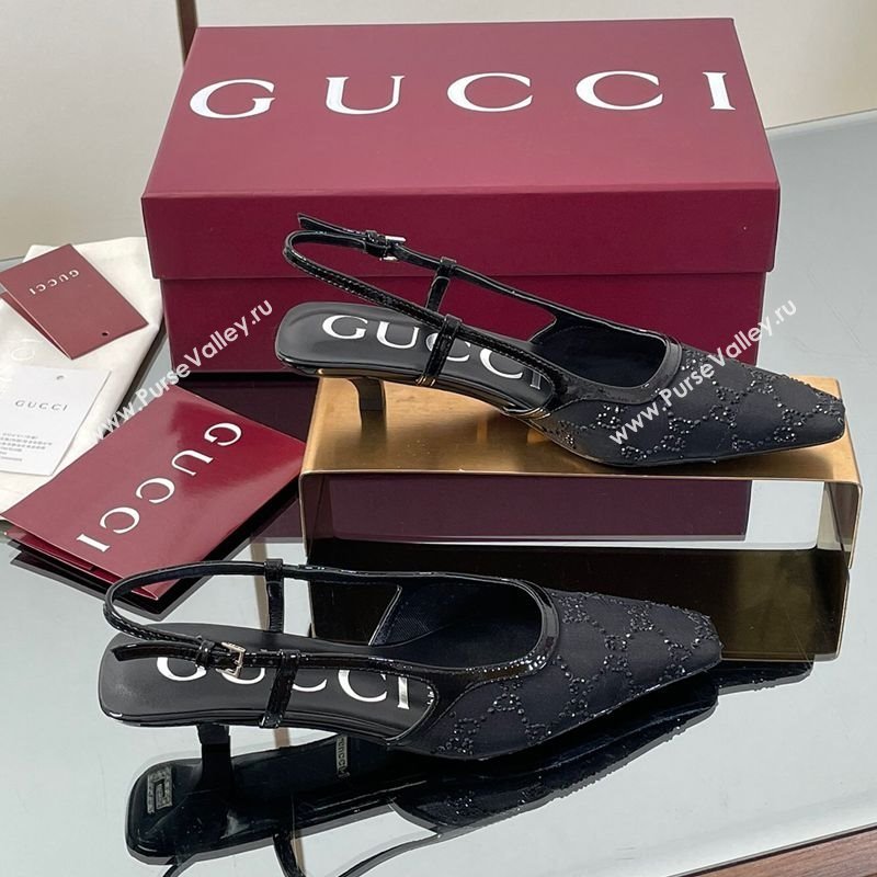 Gucci GG Mesh and Patent Leather Slingback Pumps 3.5cm Black 2025 840728 (MD-250712032)