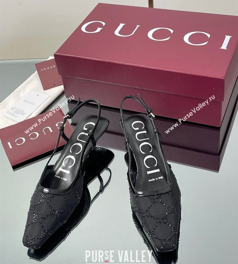 Gucci GG Mesh and Patent Leather Slingback Pumps 3.5cm Black 2025 840728 (MD-250712032)
