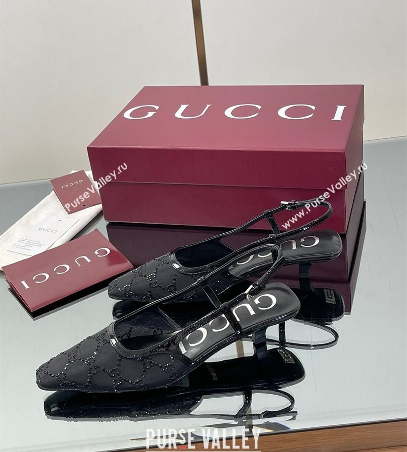 Gucci GG Mesh and Patent Leather Slingback Pumps 3.5cm Black 2025 840728 (MD-250712032)