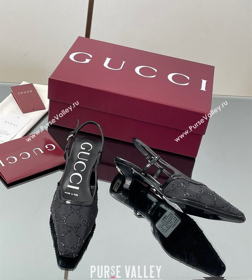 Gucci GG Mesh and Patent Leather Slingback Pumps 3.5cm Black 2025 840728 (MD-250712032)