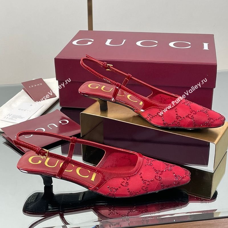 Gucci GG Mesh and Patent Leather Slingback Pumps 3.5cm Red 2025 840728 (MD-250712033)