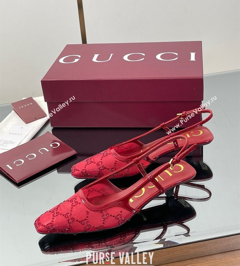 Gucci GG Mesh and Patent Leather Slingback Pumps 3.5cm Red 2025 840728 (MD-250712033)