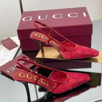 Gucci GG Mesh and Patent Leather Slingback Pumps 7.5cm Red 2025 840728 (MD-250712034)
