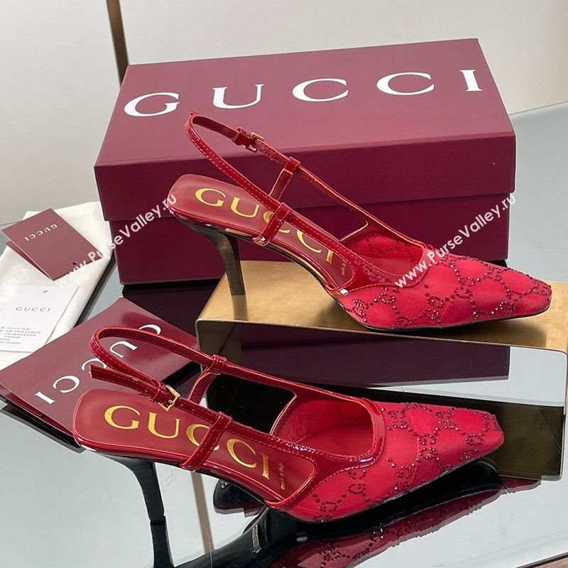 Gucci GG Mesh and Patent Leather Slingback Pumps 7.5cm Red 2025 840728 (MD-250712034)