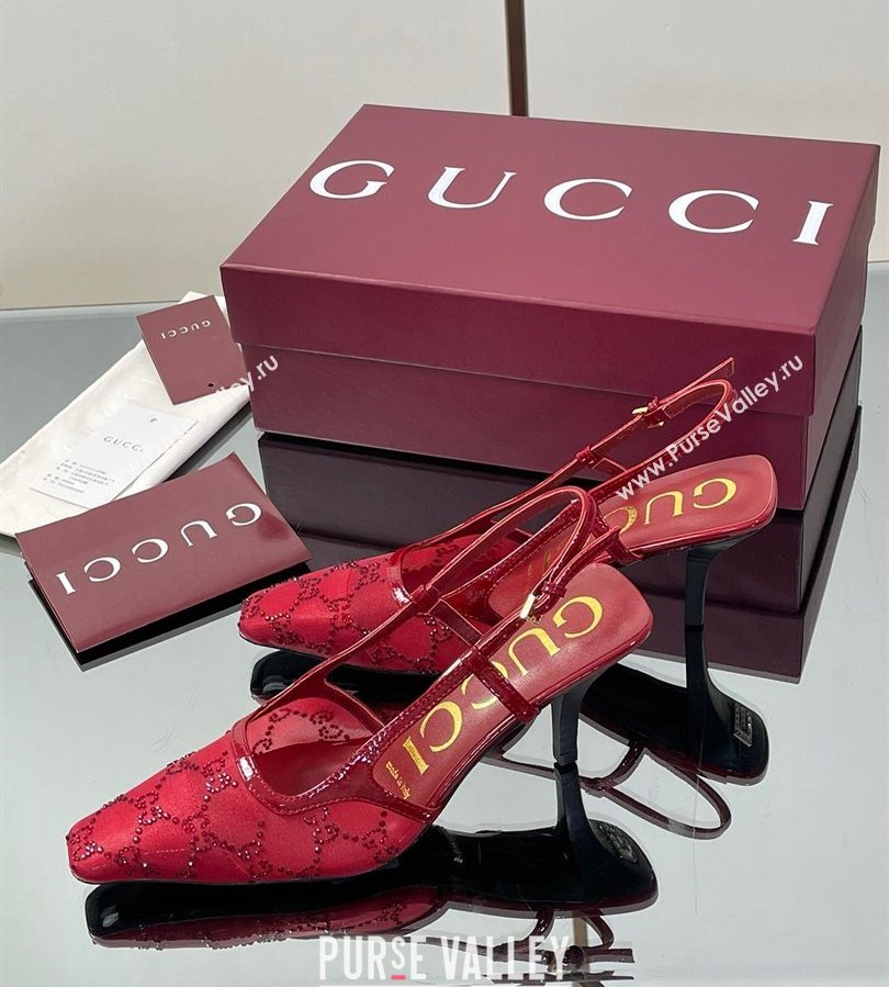 Gucci GG Mesh and Patent Leather Slingback Pumps 7.5cm Red 2025 840728 (MD-250712034)
