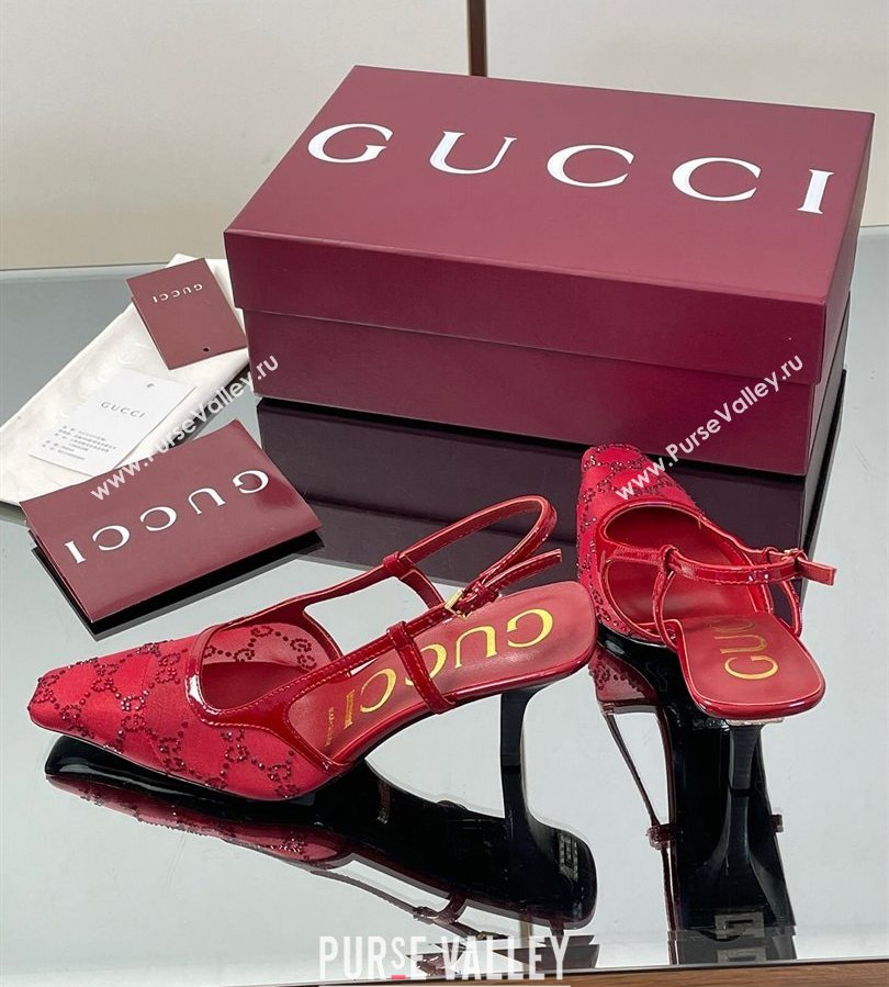 Gucci GG Mesh and Patent Leather Slingback Pumps 7.5cm Red 2025 840728 (MD-250712034)