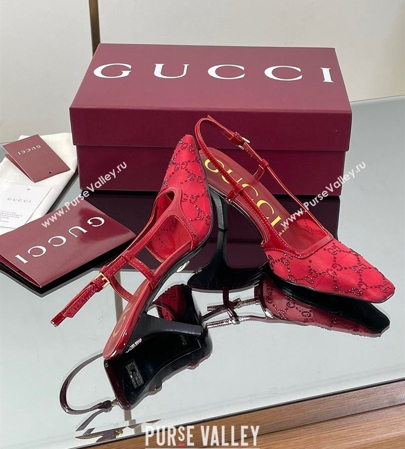 Gucci GG Mesh and Patent Leather Slingback Pumps 7.5cm Red 2025 840728 (MD-250712034)