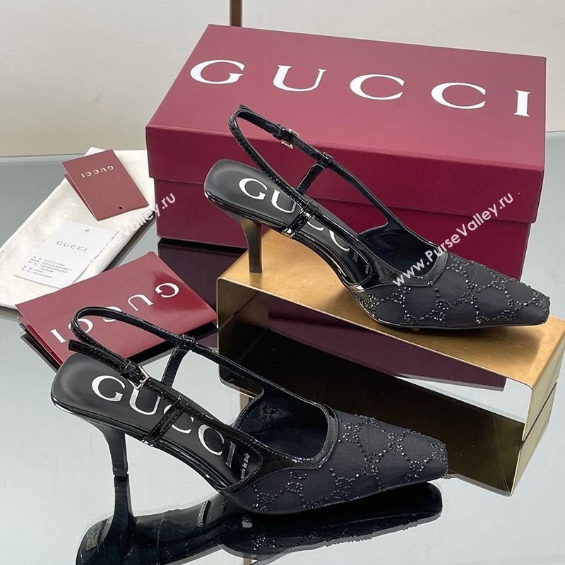 Gucci GG Mesh and Patent Leather Slingback Pumps 7.5cm Black 2025 840728 (MD-250712035)