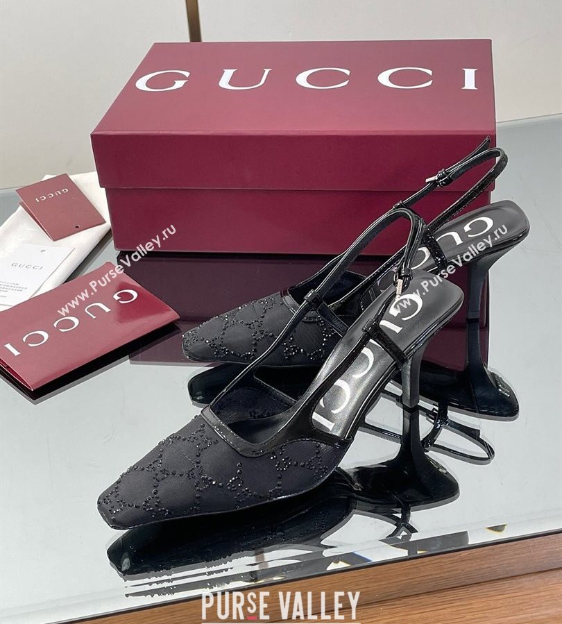 Gucci GG Mesh and Patent Leather Slingback Pumps 7.5cm Black 2025 840728 (MD-250712035)