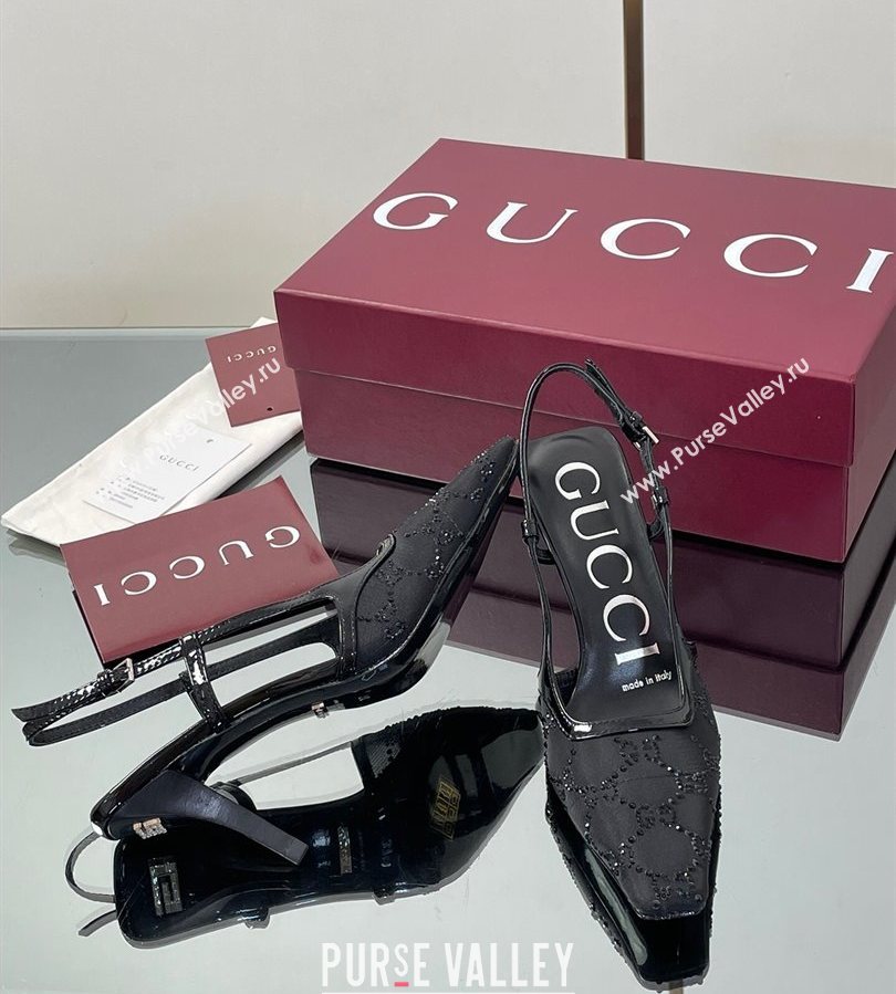 Gucci GG Mesh and Patent Leather Slingback Pumps 7.5cm Black 2025 840728 (MD-250712035)
