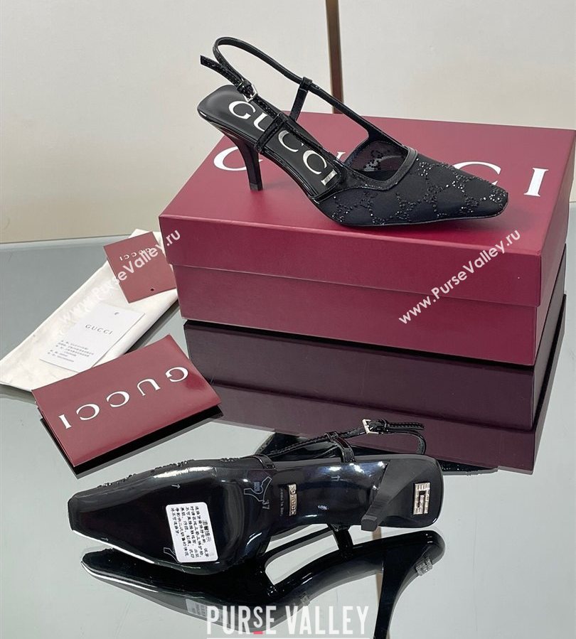 Gucci GG Mesh and Patent Leather Slingback Pumps 7.5cm Black 2025 840728 (MD-250712035)