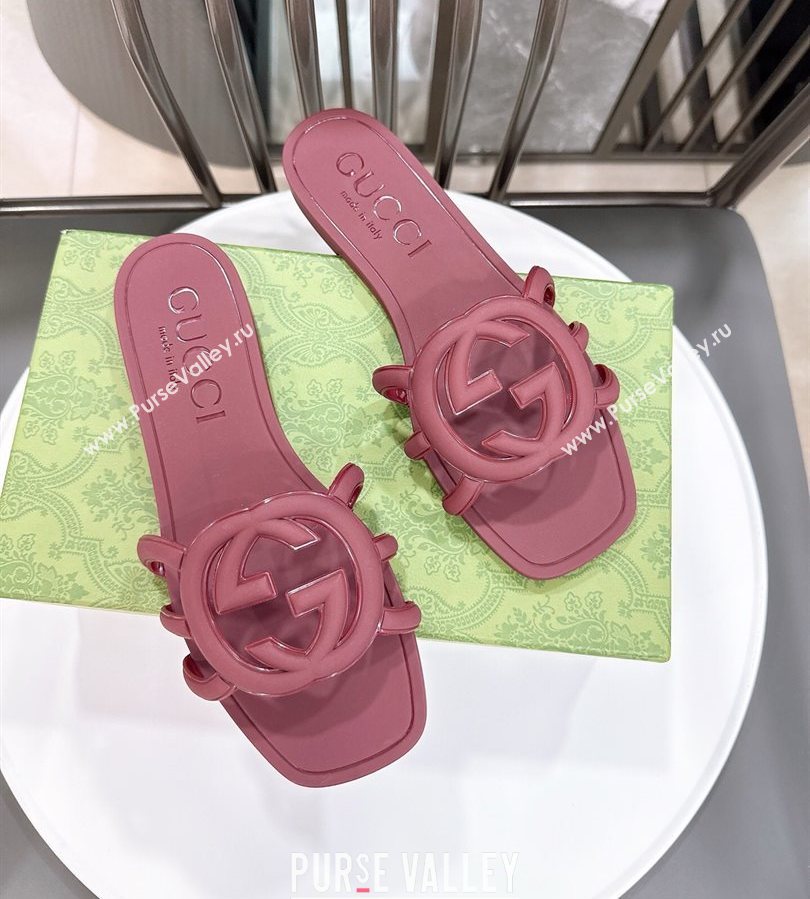 Gucci Interlocking G Flat Slides Sandal in Shiny TPU Dark Burgundy 2025 780307 (GDX-250711133)