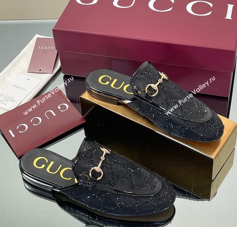 Gucci GG Mesh and Patent Leather Princetown Flat Slippers Black 2025 835484 (MD-250712042)