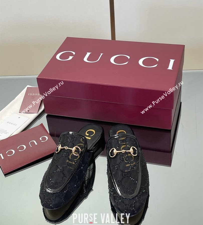 Gucci GG Mesh and Patent Leather Princetown Flat Slippers Black 2025 835484 (MD-250712042)
