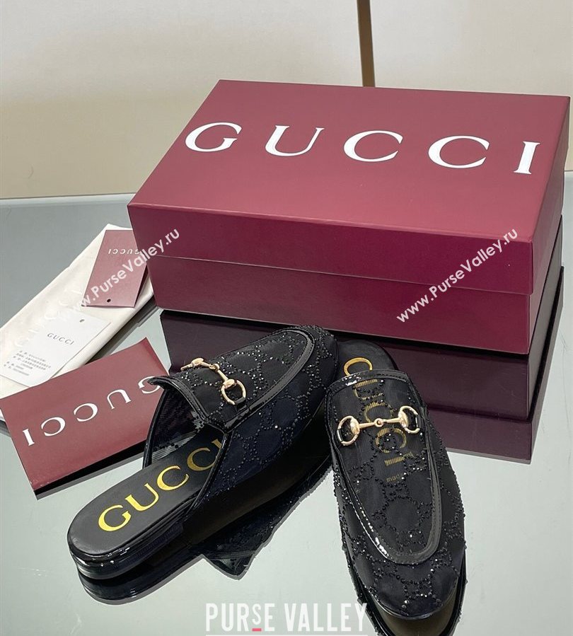Gucci GG Mesh and Patent Leather Princetown Flat Slippers Black 2025 835484 (MD-250712042)
