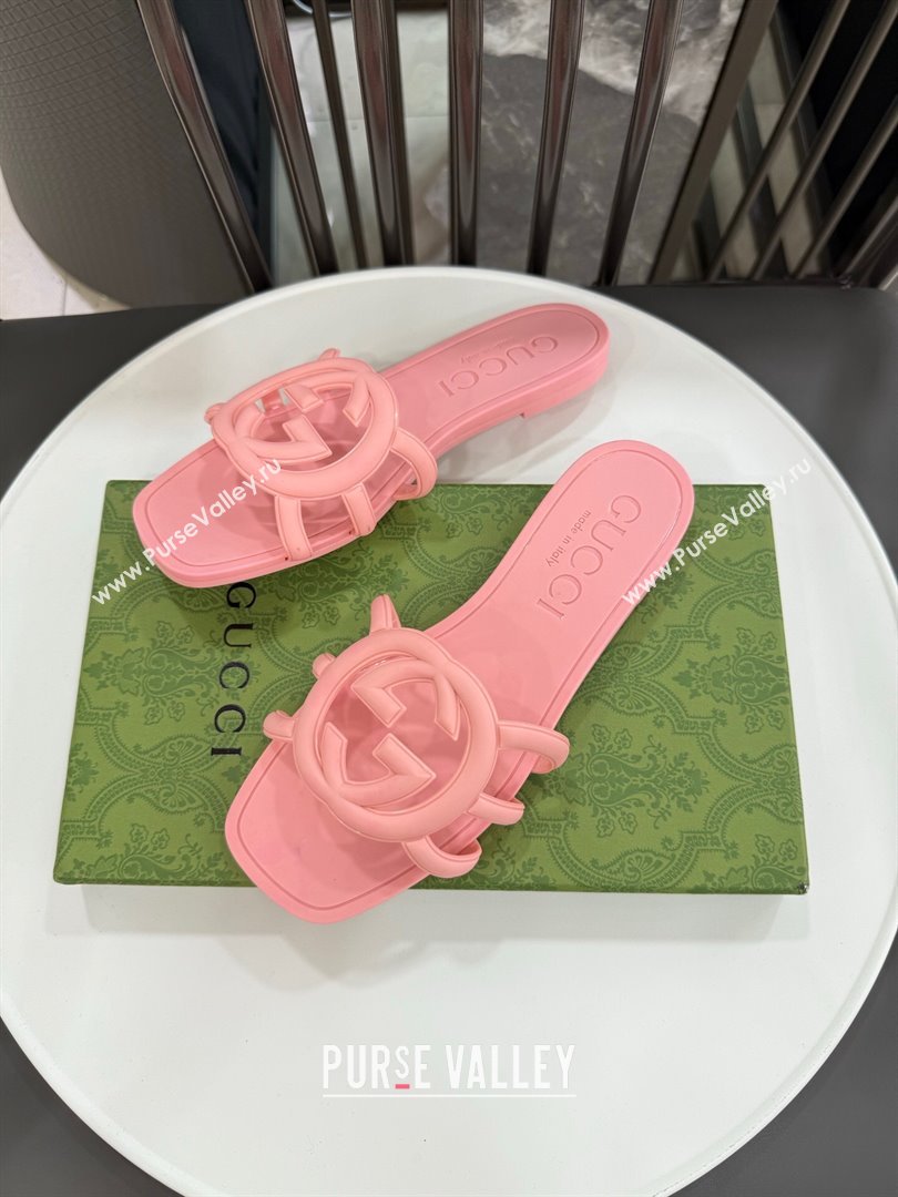 Gucci Interlocking G Flat Slides Sandal in Shiny TPU Light Pink 2025 780307 (GDX-250711129)