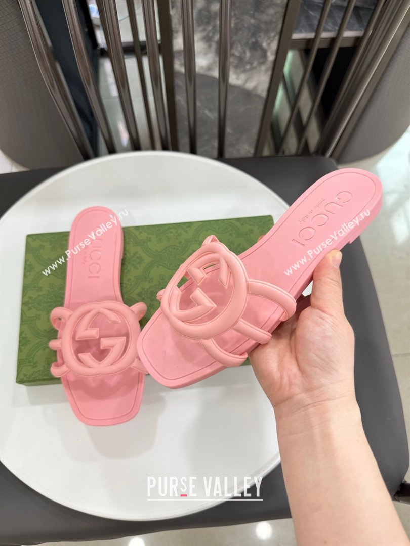 Gucci Interlocking G Flat Slides Sandal in Shiny TPU Light Pink 2025 780307 (GDX-250711129)