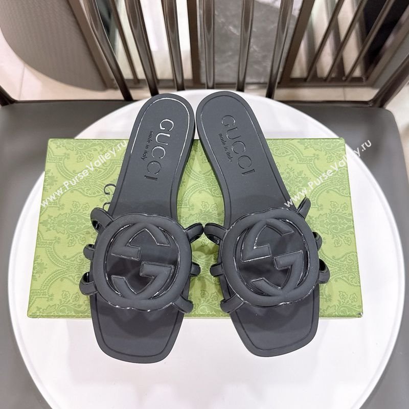 Gucci Interlocking G Flat Slides Sandal in Shiny TPU Black 2025 780307 (GDX-250711130)