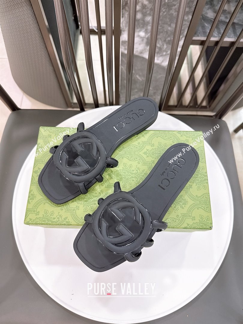 Gucci Interlocking G Flat Slides Sandal in Shiny TPU Black 2025 780307 (GDX-250711130)