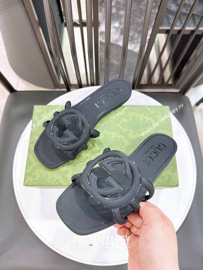 Gucci Interlocking G Flat Slides Sandal in Shiny TPU Black 2025 780307 (GDX-250711130)