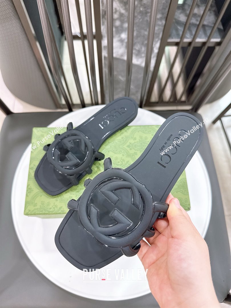 Gucci Interlocking G Flat Slides Sandal in Shiny TPU Black 2025 780307 (GDX-250711130)