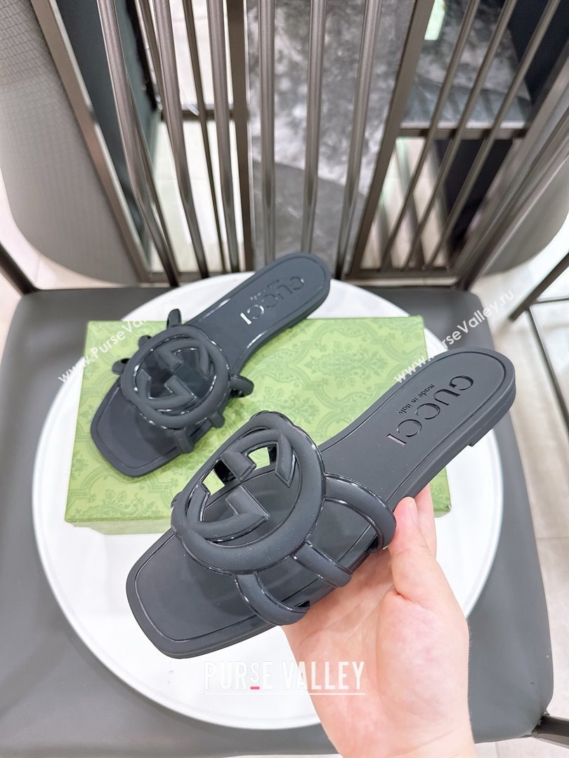 Gucci Interlocking G Flat Slides Sandal in Shiny TPU Black 2025 780307 (GDX-250711130)