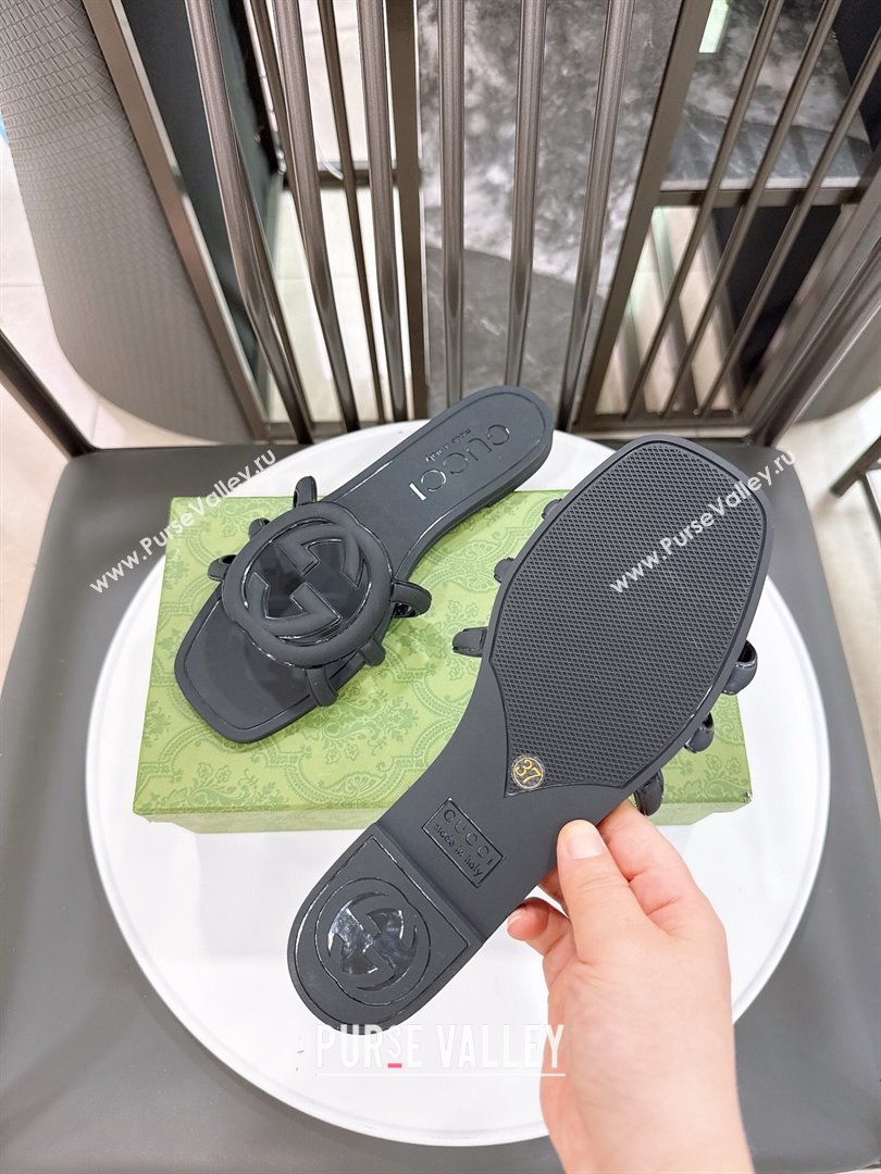 Gucci Interlocking G Flat Slides Sandal in Shiny TPU Black 2025 780307 (GDX-250711130)