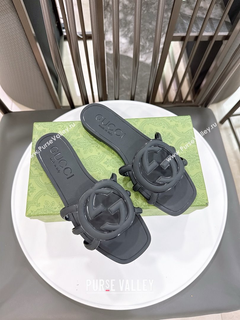 Gucci Interlocking G Flat Slides Sandal in Shiny TPU Black 2025 780307 (GDX-250711130)