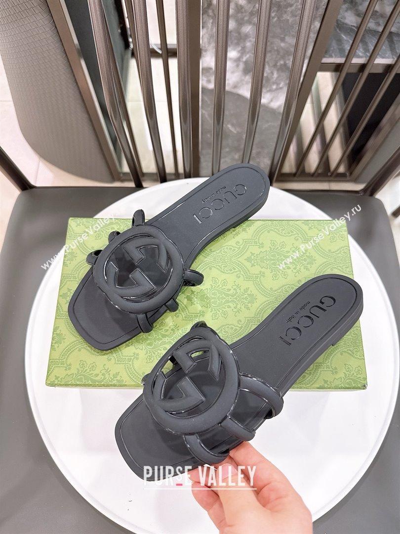 Gucci Interlocking G Flat Slides Sandal in Shiny TPU Black 2025 780307 (GDX-250711130)