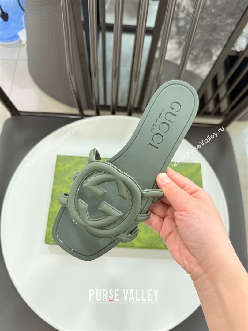 Gucci Interlocking G Flat Slides Sandal in Shiny TPU Dark Green 2025 780307 (GDX-250711131)