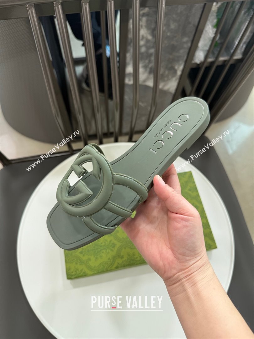 Gucci Interlocking G Flat Slides Sandal in Shiny TPU Dark Green 2025 780307 (GDX-250711131)