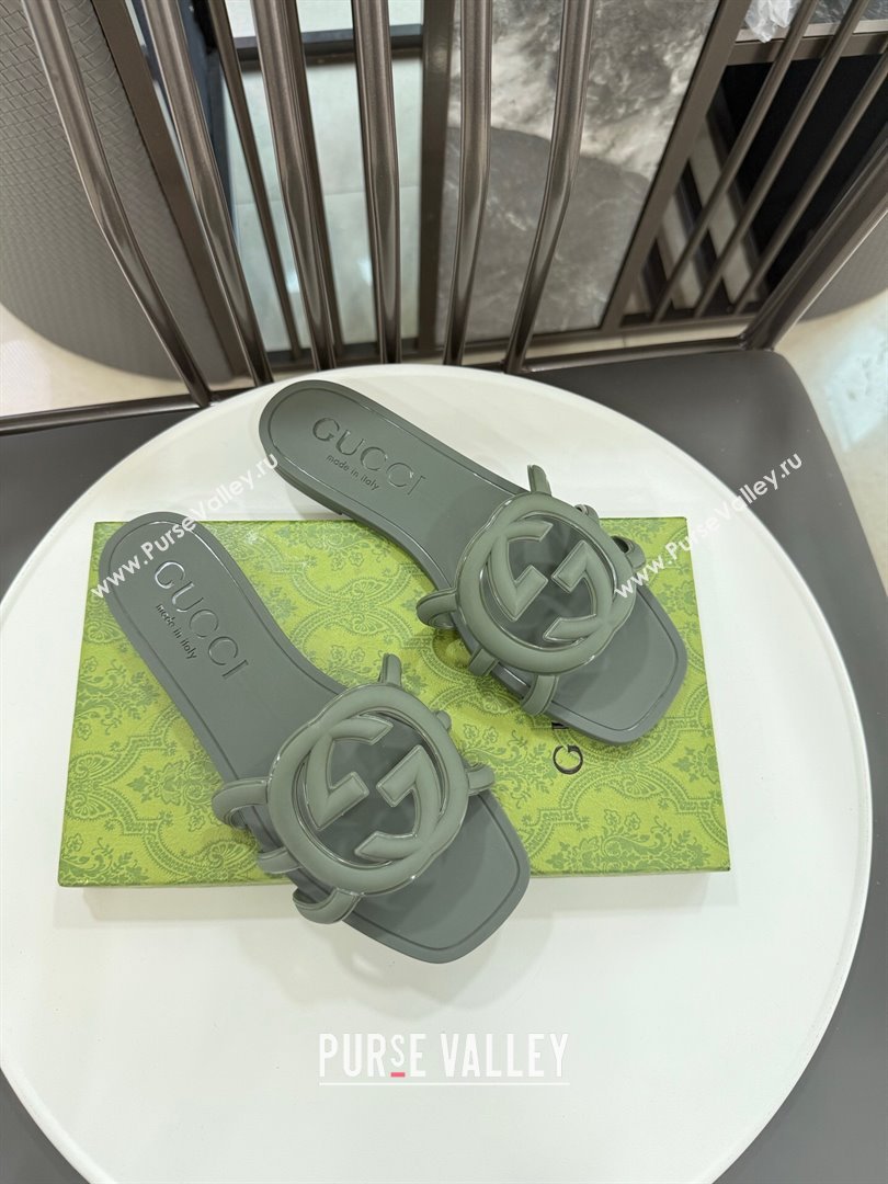 Gucci Interlocking G Flat Slides Sandal in Shiny TPU Dark Green 2025 780307 (GDX-250711131)